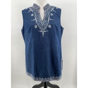 Denim Top Women Large Blue Western Boho‎ Embroidered 100% Cotton Cottage Country
